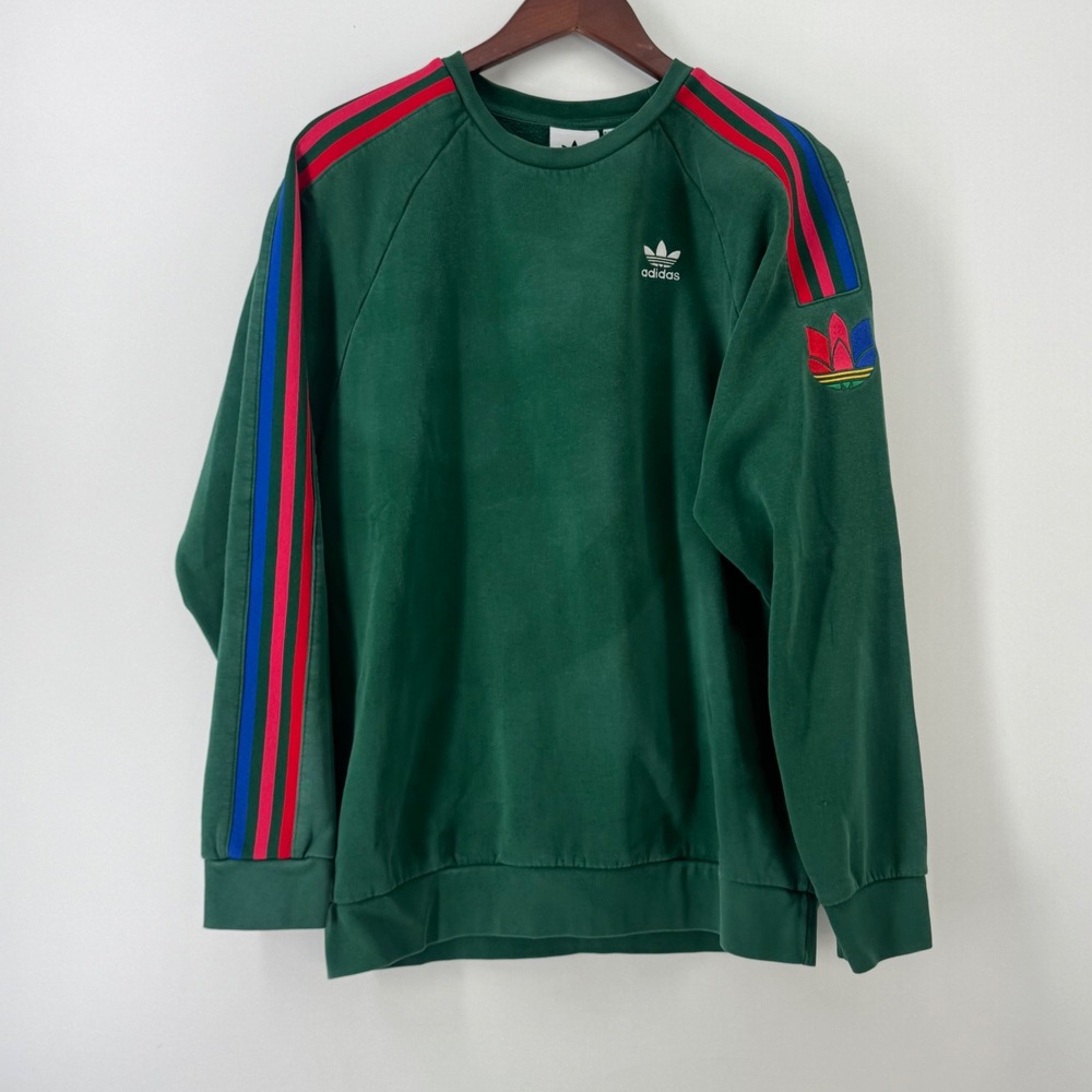 Adidas Originals Green Multi-Color 3-Stripe Trefoil Crewneck Sweatshirt Mens L